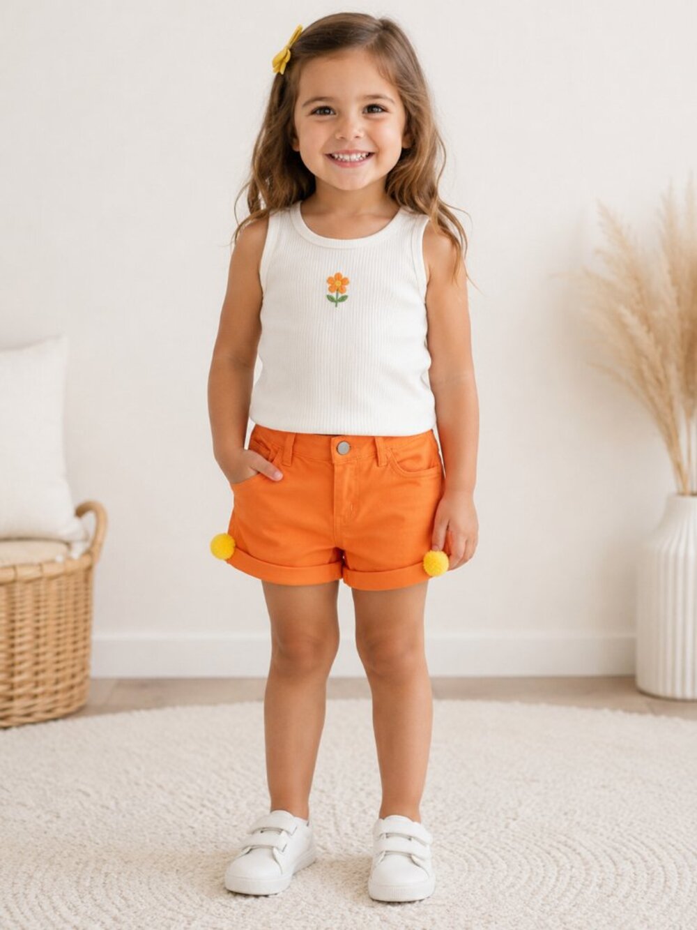 Kids Bright Orange Shorts with Yellow Pom-Pom Detail | Brand New with Tag